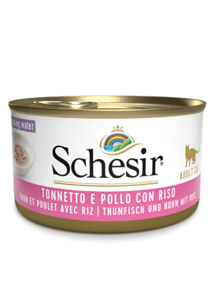 COD.1074080 SCHESIR CAT TONNO POLLO RISO NATURALE 85g - in esaurim.