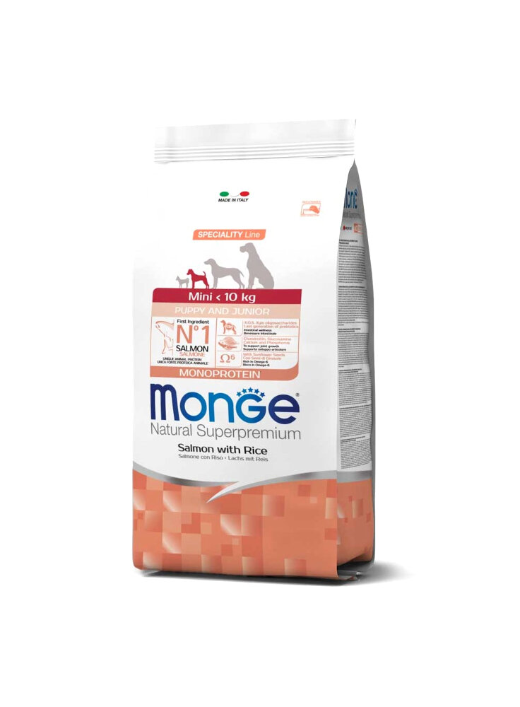 Monge MINI Puppy & Junior SPECIALITY Salmone Riso Monoprotein 7,5kg - cane