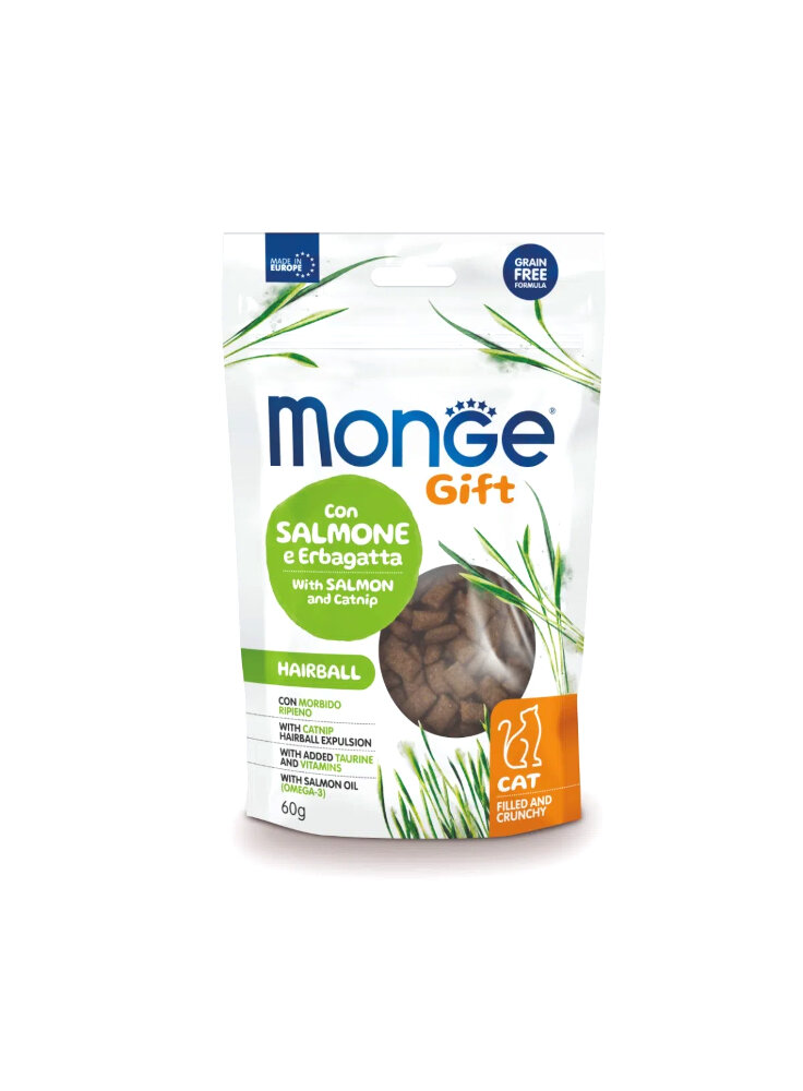 Monge GIFT CRUNCHY Hairball Salmone ed erbagatta 60g - gatto