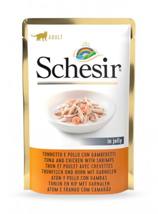 COD.1070110 SCHESIR CAT TONNO POLLO GAMBERETTI 85g Busta - in esaurim.