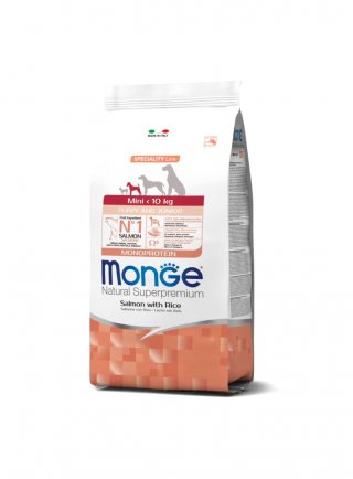 Monge MINI Puppy & Junior SPECIALITY Salmone Riso Monoprotein 7,5kg - cane