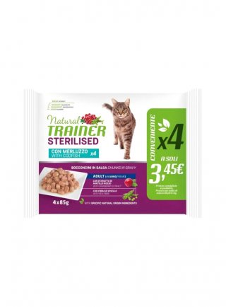 PROMO - TRAINER Natural Cat FLOW PACK 4x 85g STERILISED con MERLUZZO